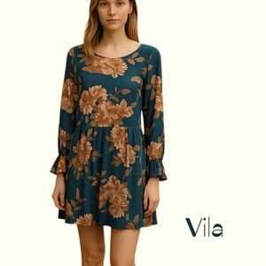 VILA Blue Bold Floral Print CottageCore Date Night Dress NWOT Size S